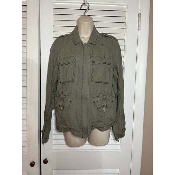 Michael Stars soft olive green 100% linen military style zip button jacket M - Picture 1 of 6